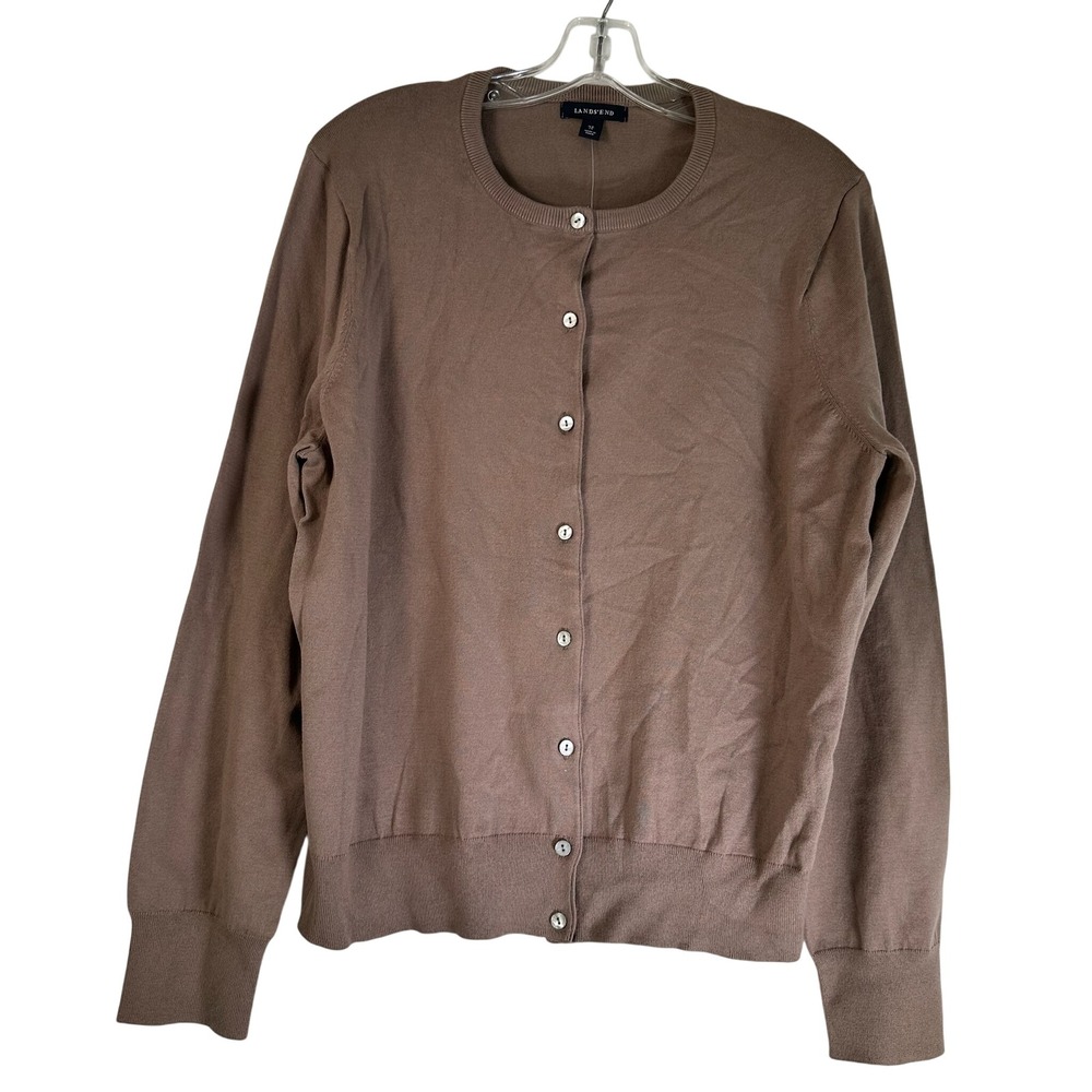 Lands End Womens XL 18 Cardigan Sweater Taupe Brown Button Front Crew Neck NEW